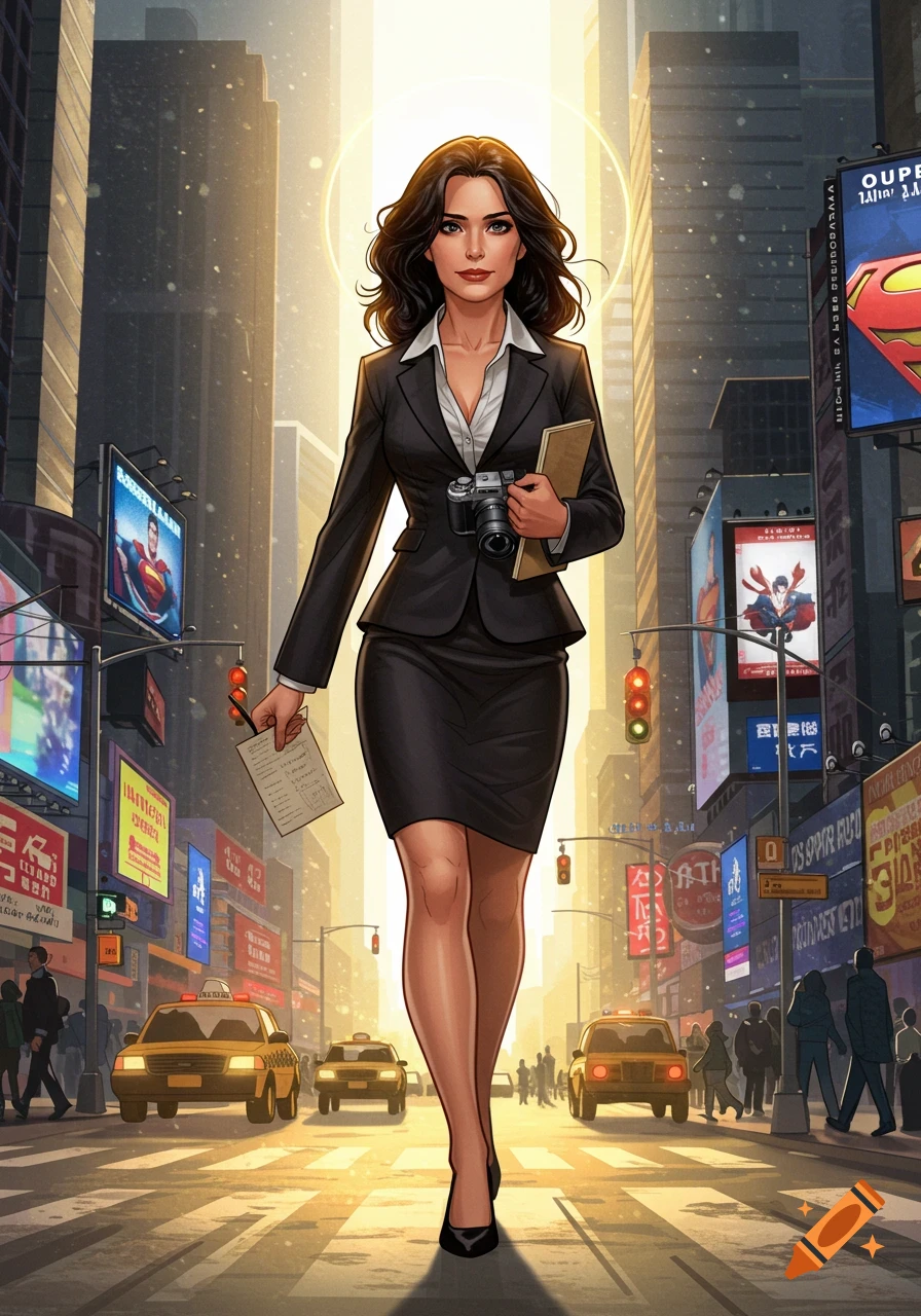 A stylized illustration of Lois Lane, a woman with dark hair in a business suit, walking confidently across a city street with tall buildings, billboards, and yellow taxis around her. She holds a camera and a notebook.
