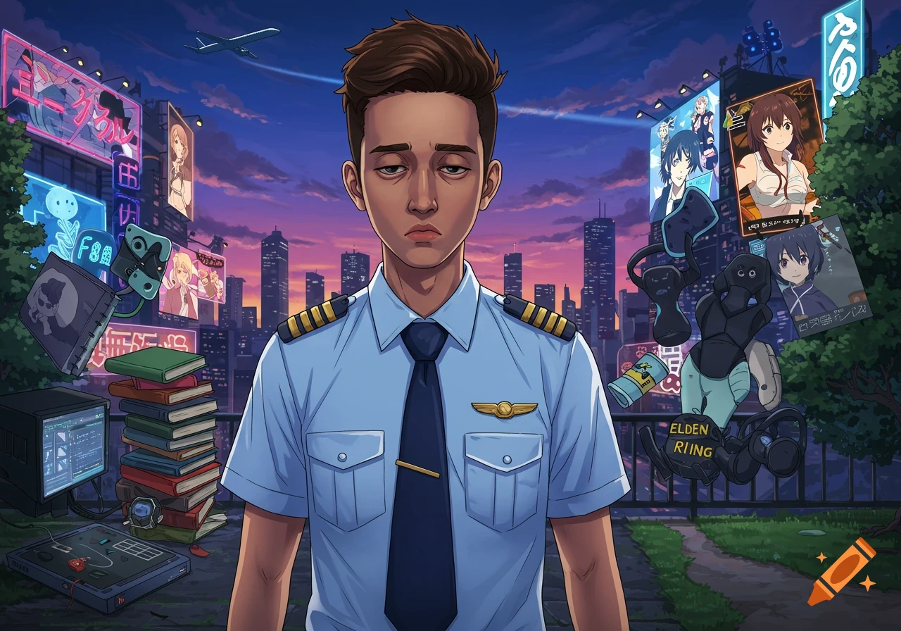 Anime-style illustration of a tired male pilot standing in a cityscape at sunset, surrounded by elements of his life, including studies, anime posters, and gaming armor.