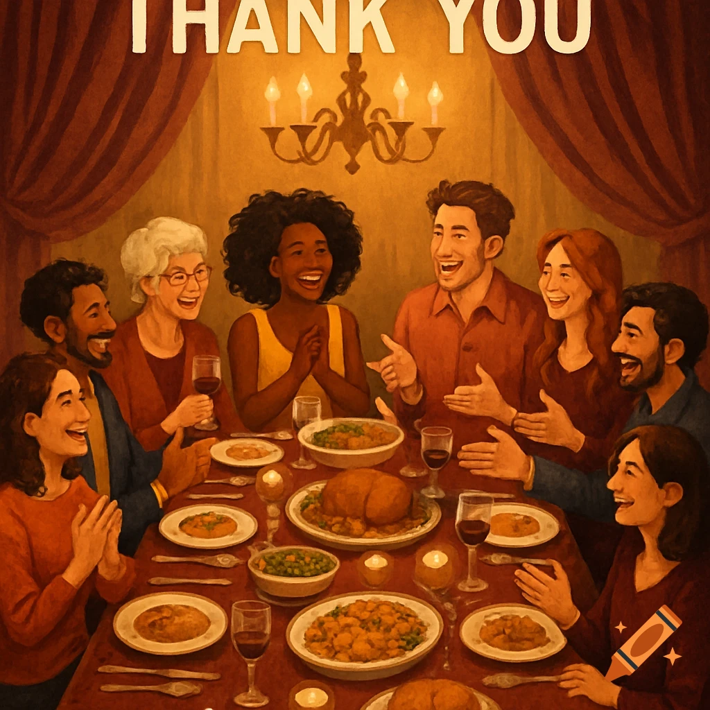 Illustrative scene of a diverse group of happy people sharing a dinner, with 'THANK YOU' text above.