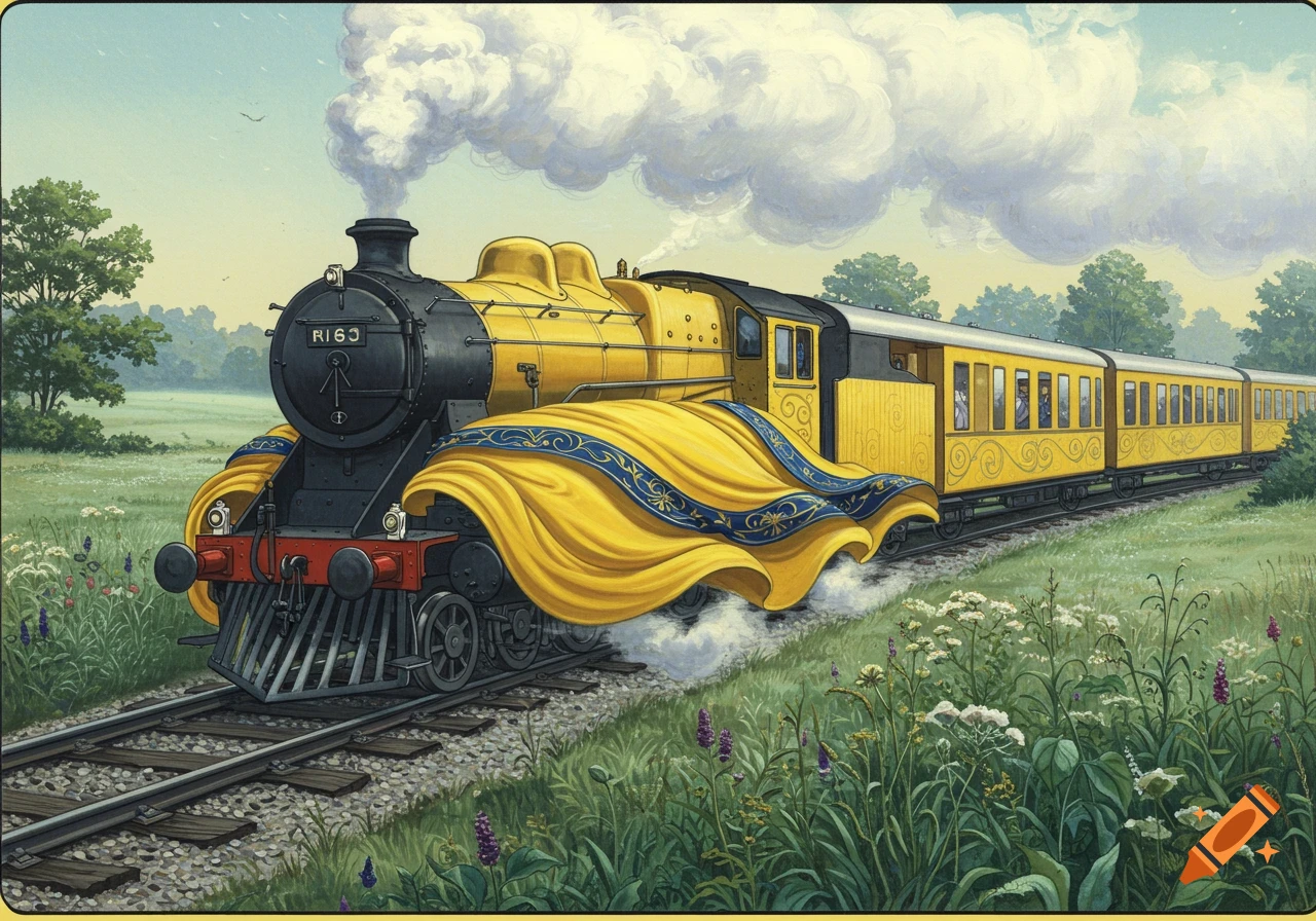 An illustrated golden train with a flowing yellow and blue skirt moves through a green, wildflower-filled field.