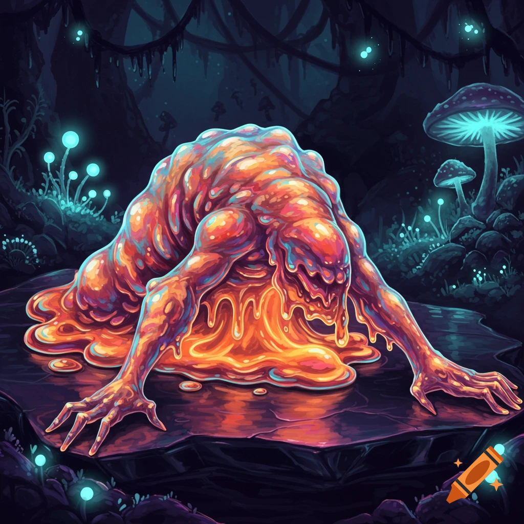 A vibrant, melting, goo-like monster with visible musculature crouches on a dark platform in a glowing fungal cave.