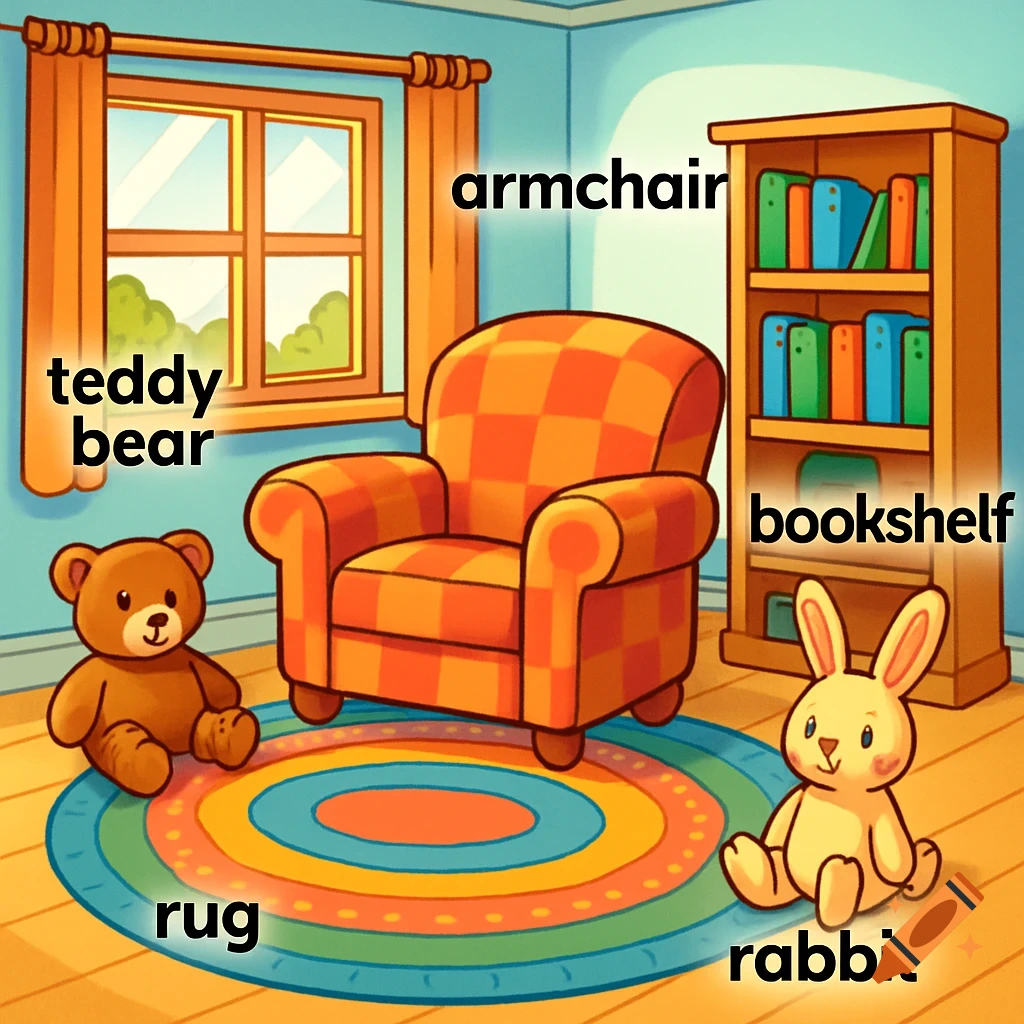 Brightly colored cartoon illustration of a child's living room with labeled objects: armchair, teddy bear, rabbit, bookshelf, and rug.