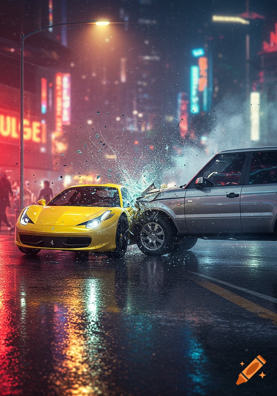 A yellow Ferrari collides with a silver Range Rover on a wet city street at night, sending glass and water splashing.
