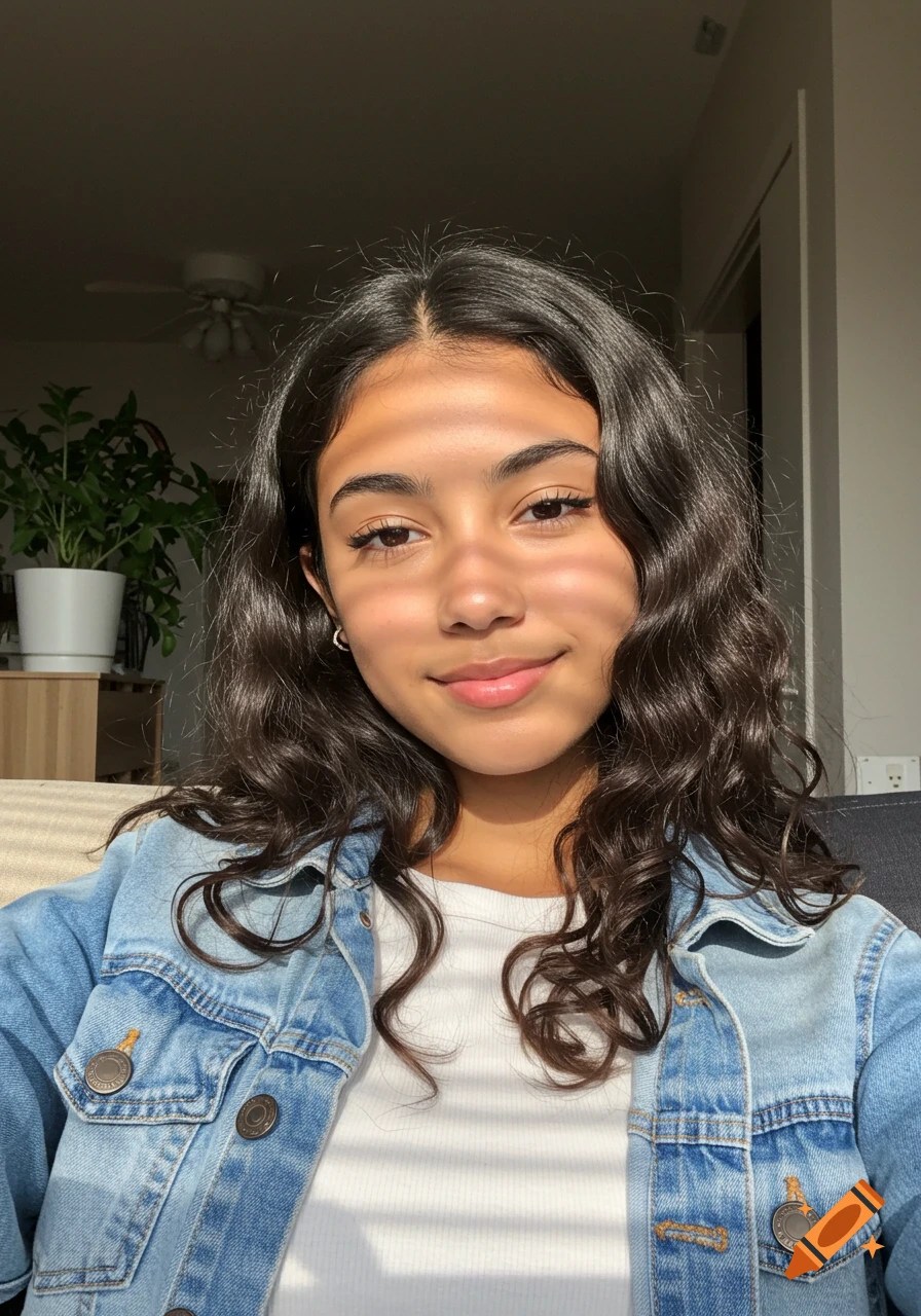 Photorealistic casual selfie of a smiling teenage woman with long dark wavy hair, lit by natural light casting shadow strips.