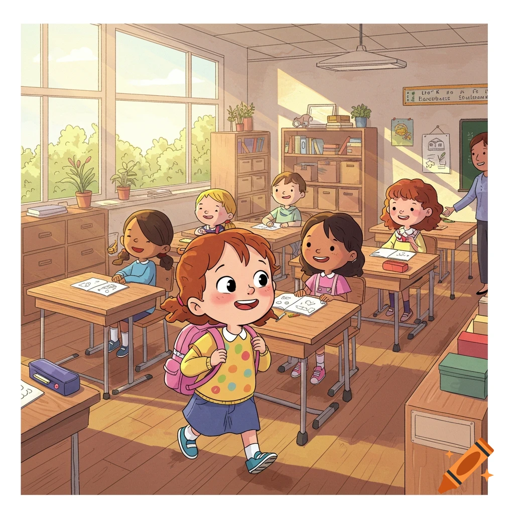 A happy cartoon girl with a pink backpack walks through a sunlit classroom filled with other children and a teacher. The style is bright and cheerful.