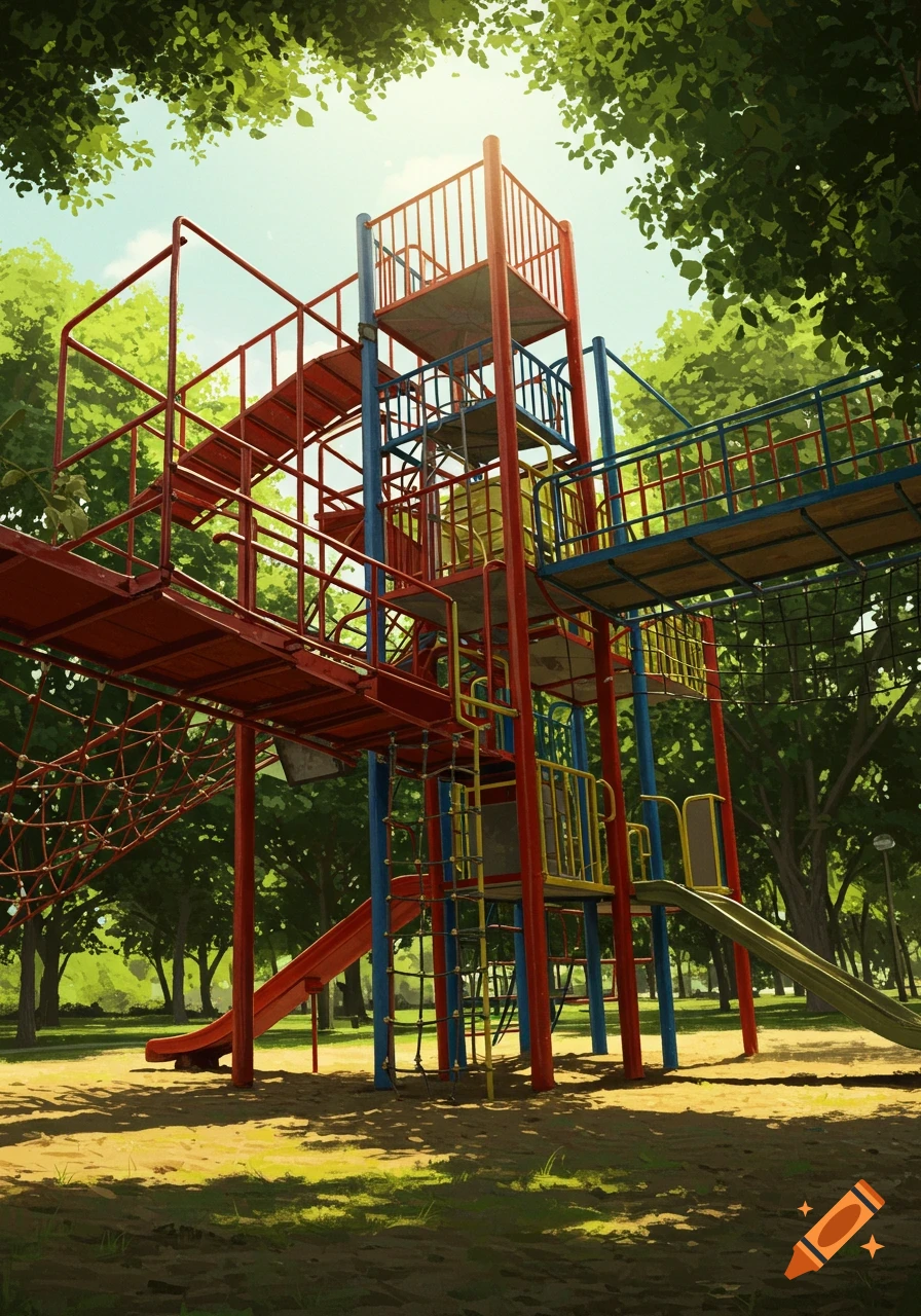Vibrant illustration of a retro 1970s playground with red, blue, and yellow structures, slides, and climbing nets, set in a sunny park.