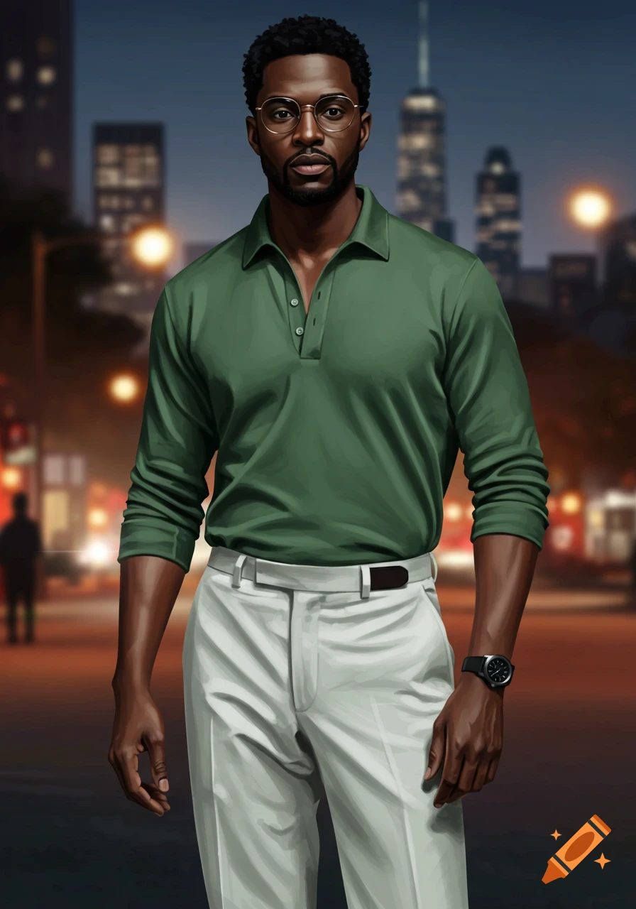 Photorealistic portrait of an African American man in a green polo, white pants, glasses, and a watch, standing in a blurred city night scene.
