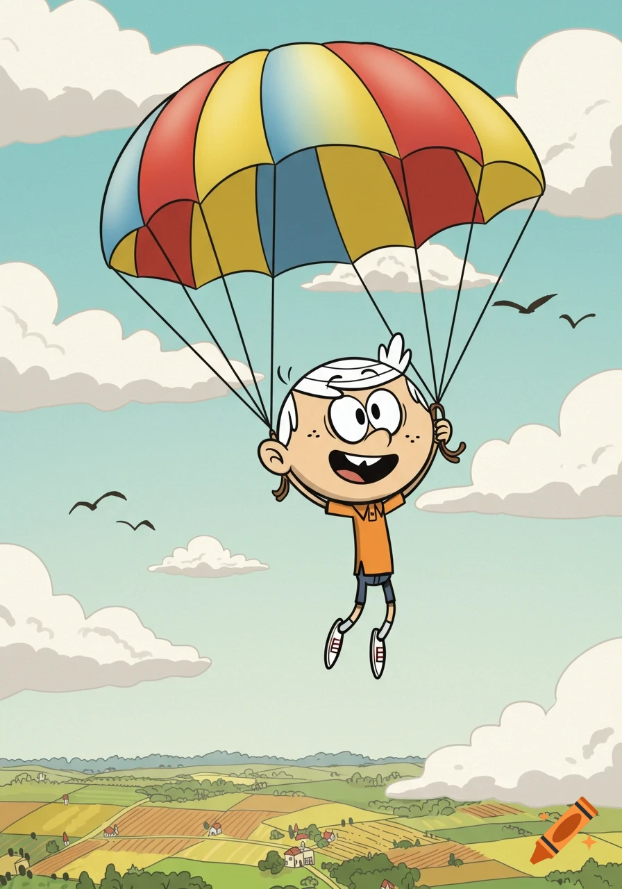 Cartoon boy, Lincoln Loud, floats through a cloudy sky with a colorful parachute above a green rural landscape.
