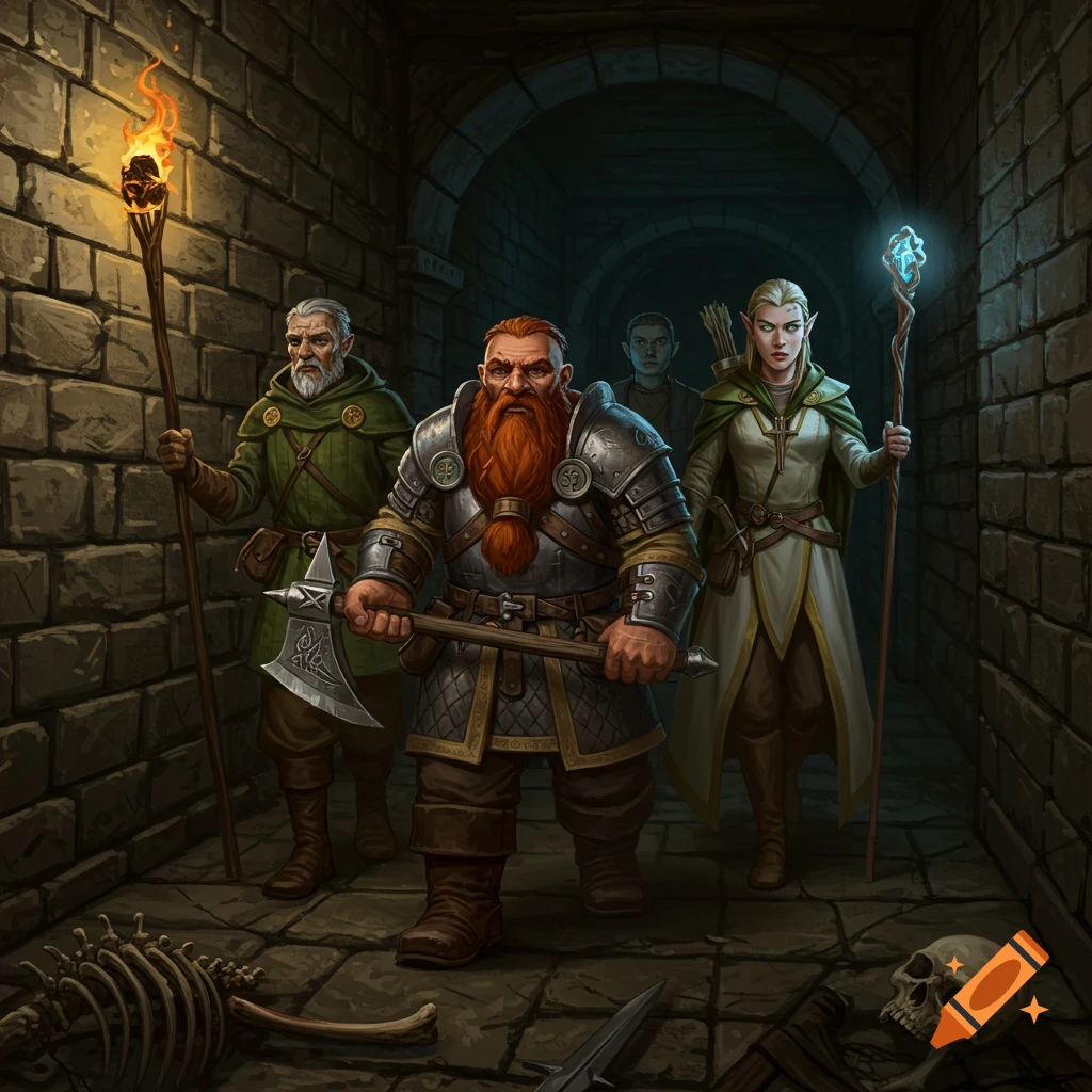 An illustrated fantasy adventuring party, including a dwarf, human, and elf, cautiously walks down a dark, torchlit dungeon corridor littered with bones.
