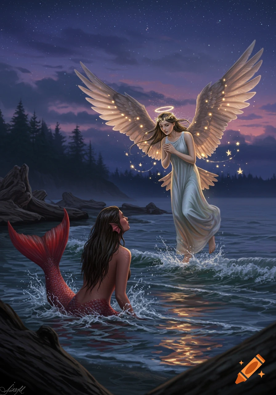 A red-tailed mermaid watches a glowing angel with large wings hover over the water at night under a starry sky.