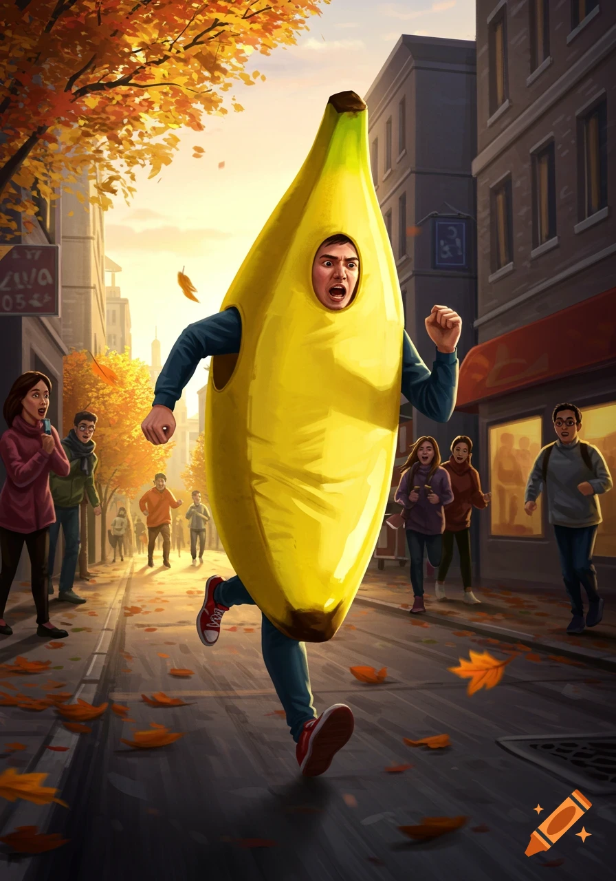A man in a banana costume runs down an autumn city street, past onlookers. Fall leaves are scattered on the ground.