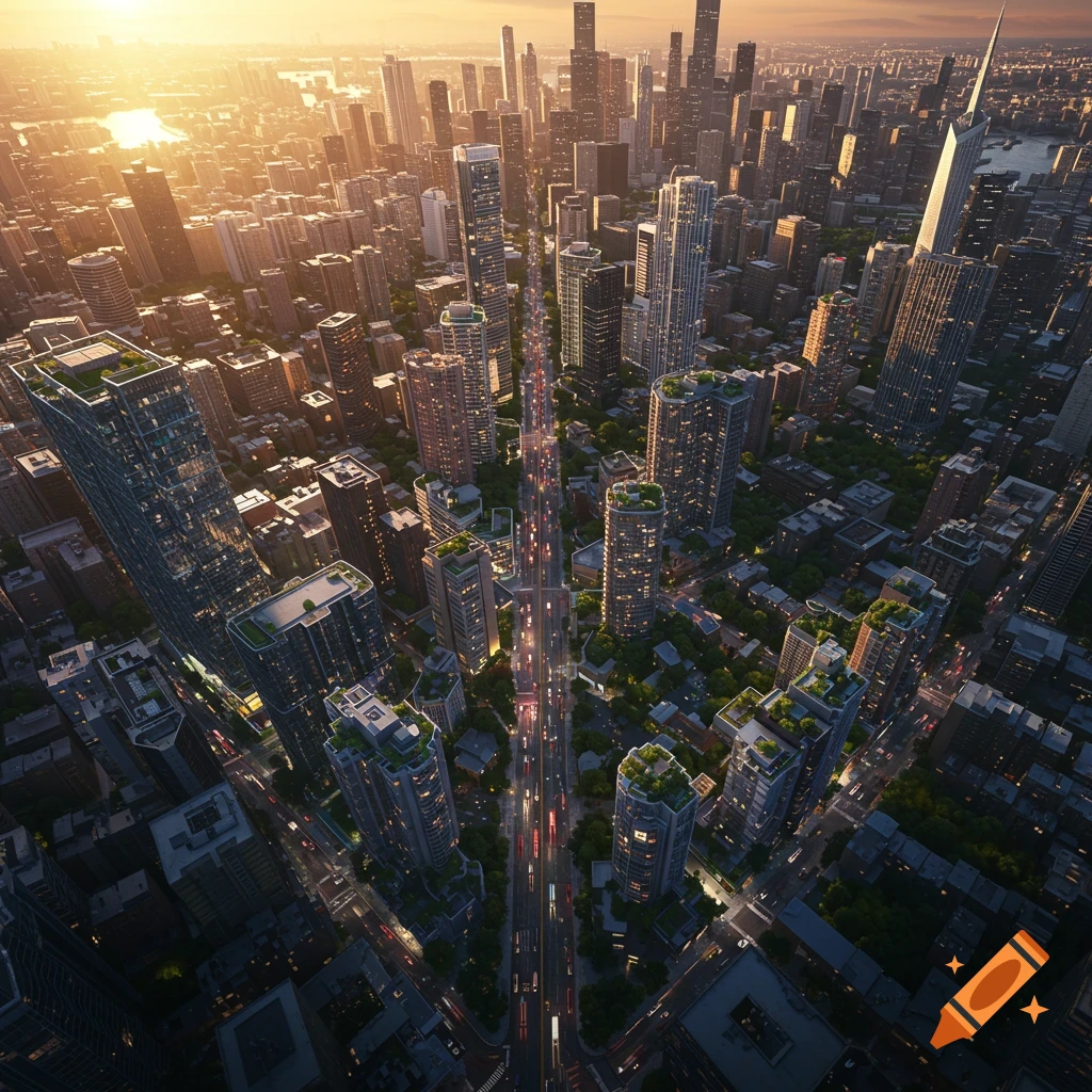 Aerial view of a bustling city at sunset, with skyscrapers lining a long, illuminated street.