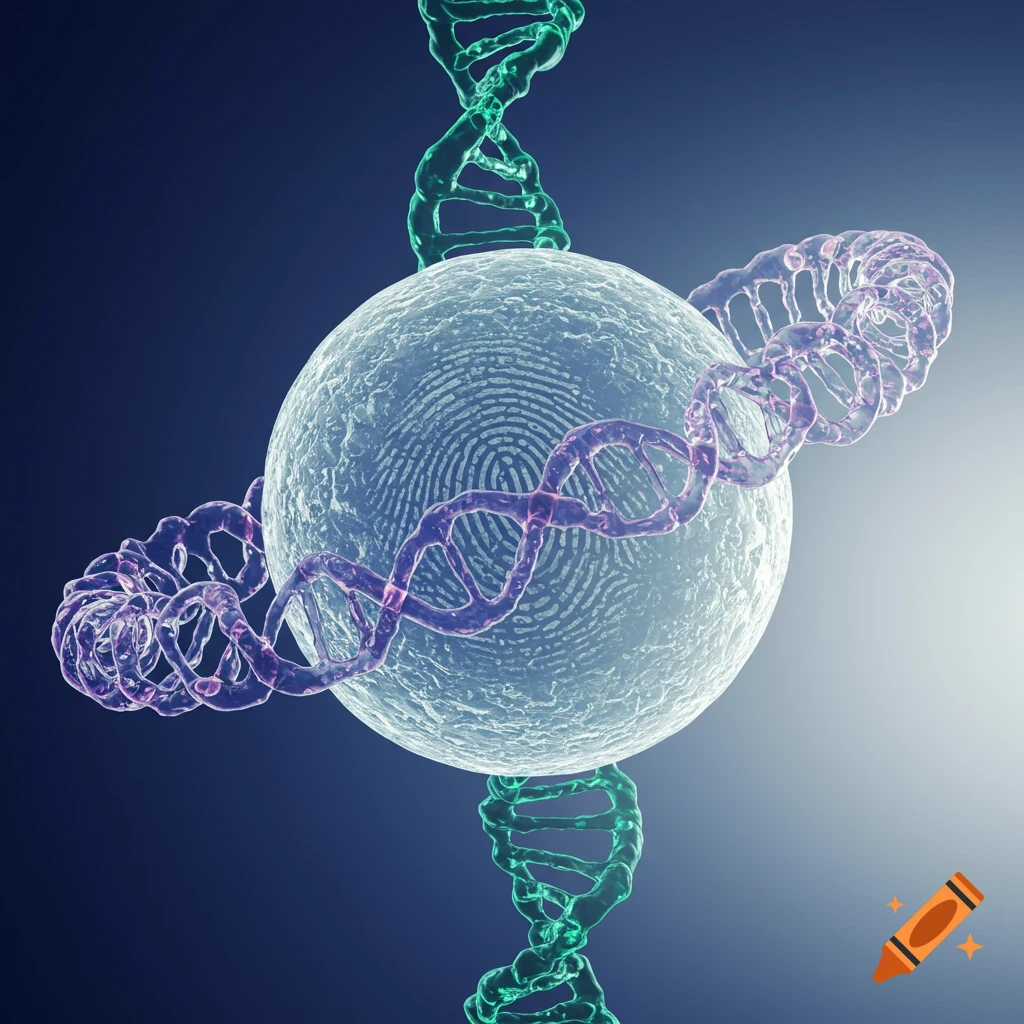Translucent sphere with a subtle fingerprint pattern, encircled by a purple DNA double helix, flanked by green DNA strands on a dark blue background.