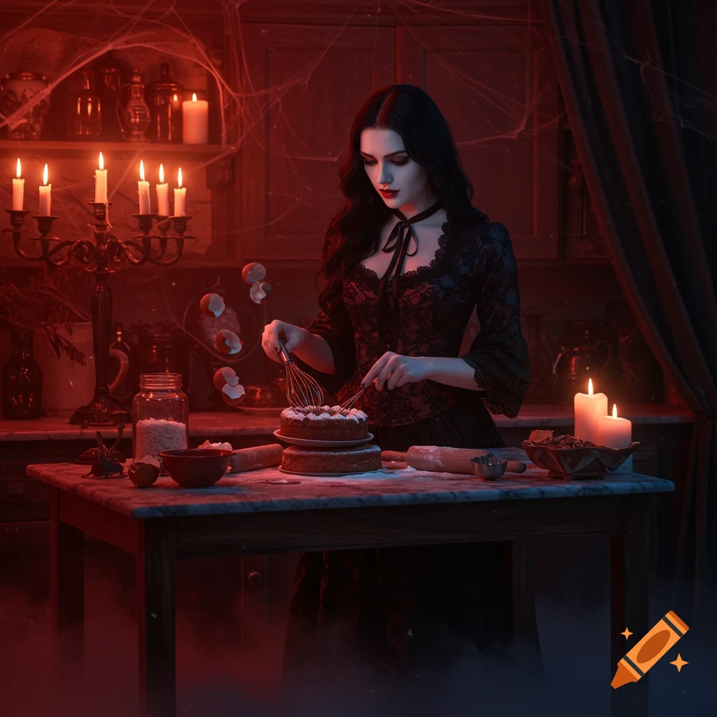 A gothic female vampire in a dimly lit, cobwebbed kitchen, whisking batter on a cake with candles glowing red.