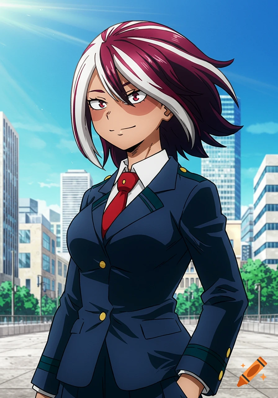Anime illustration of a tanned girl with white and red striped hair and red eyes, wearing a dark blue school uniform and red tie, in a city.