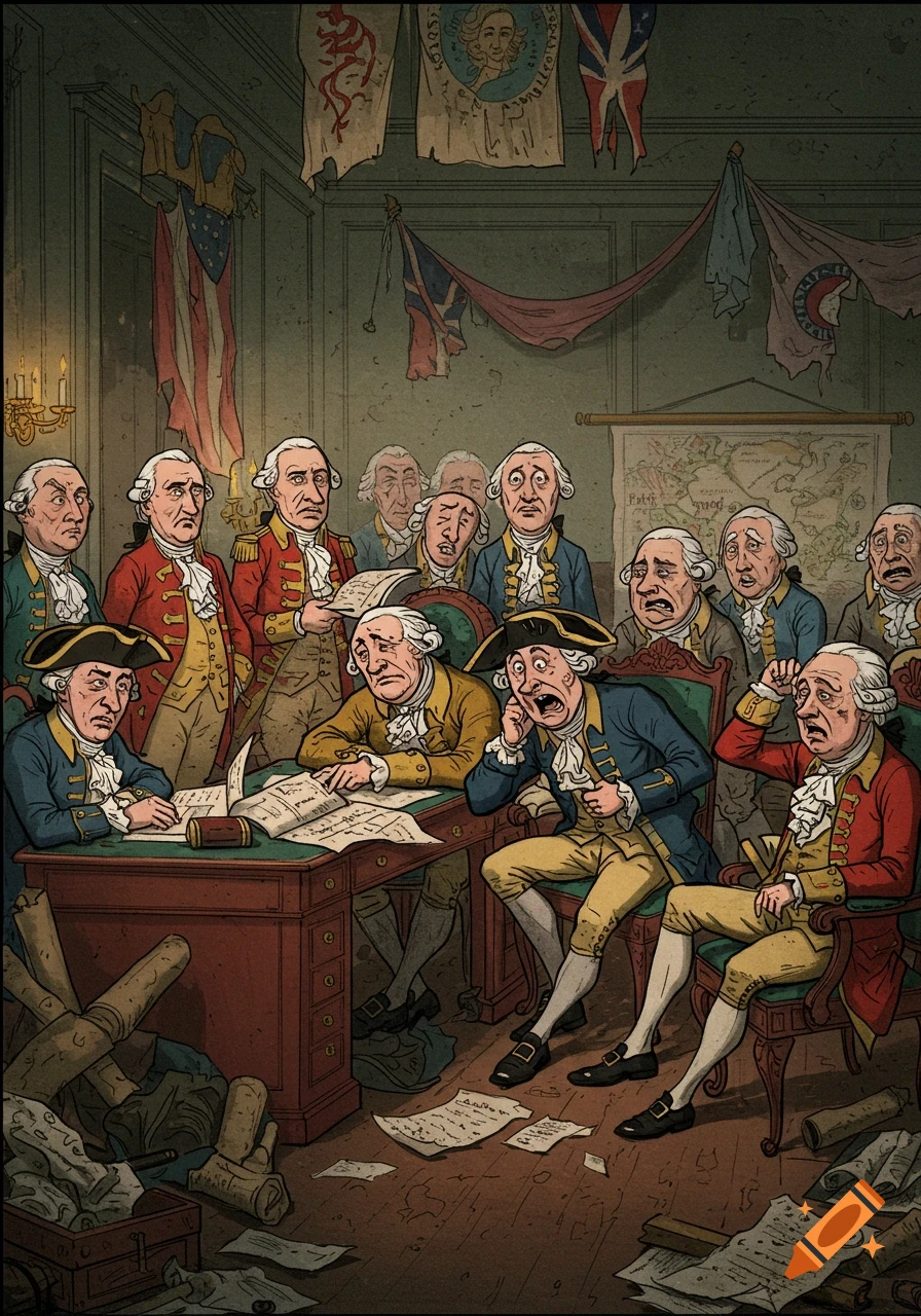 A political cartoon depicting distressed American colonial delegates in a room, surrounded by papers, a map, and tattered flags.