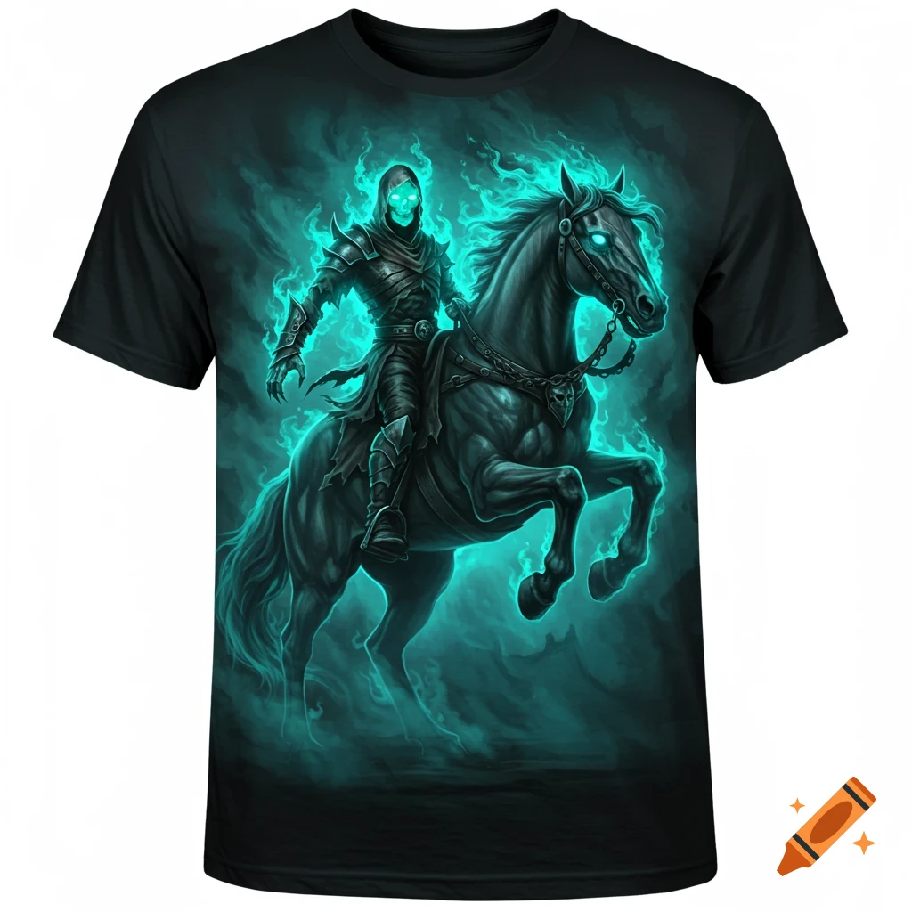 Black t-shirt featuring a skeletal figure cloaked in armor, riding a black horse, both engulfed in glowing teal flames.