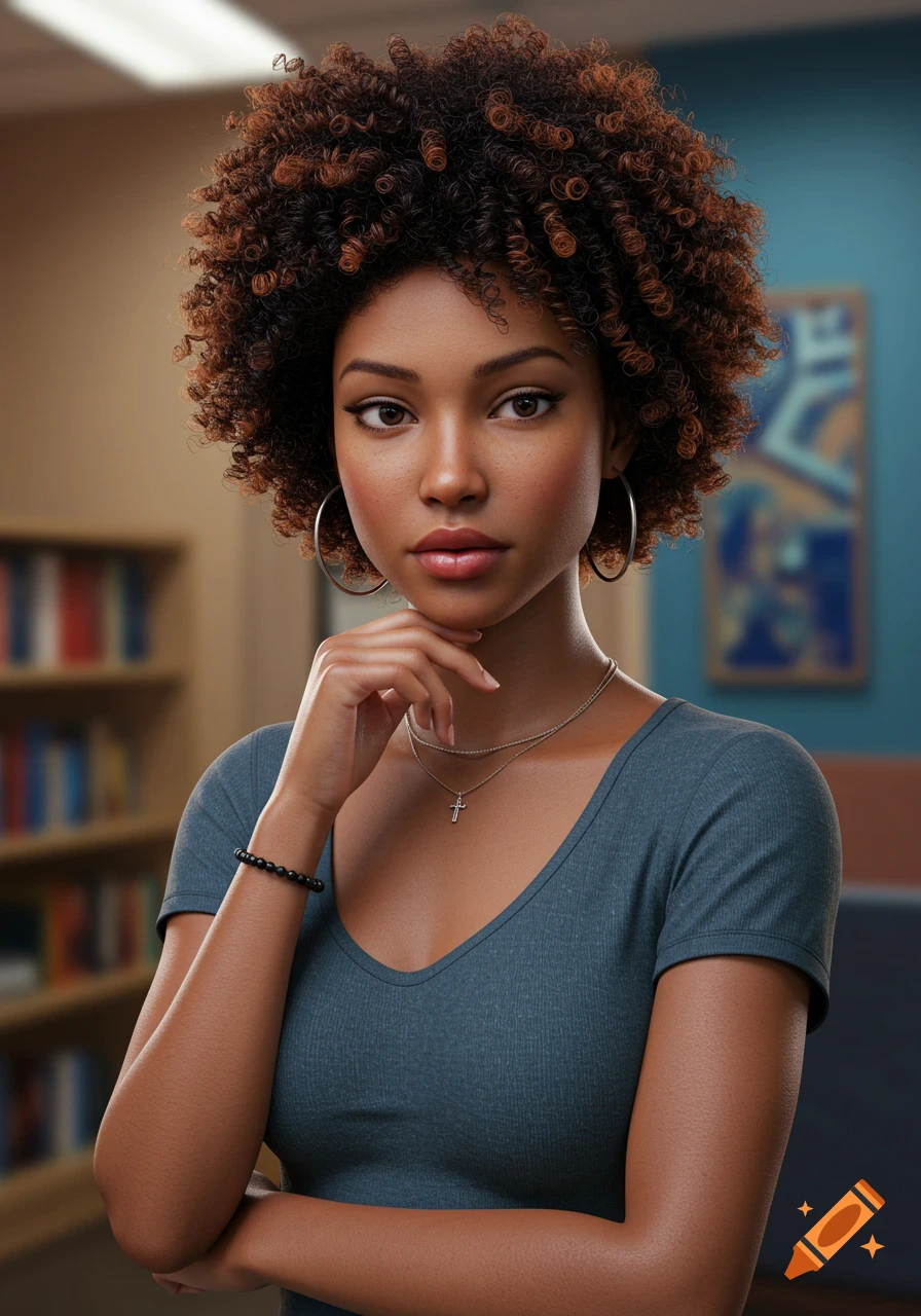 A photorealistic portrait of a young woman with curly brown hair, wearing a grey shirt and cross necklace, with a blurred library background.