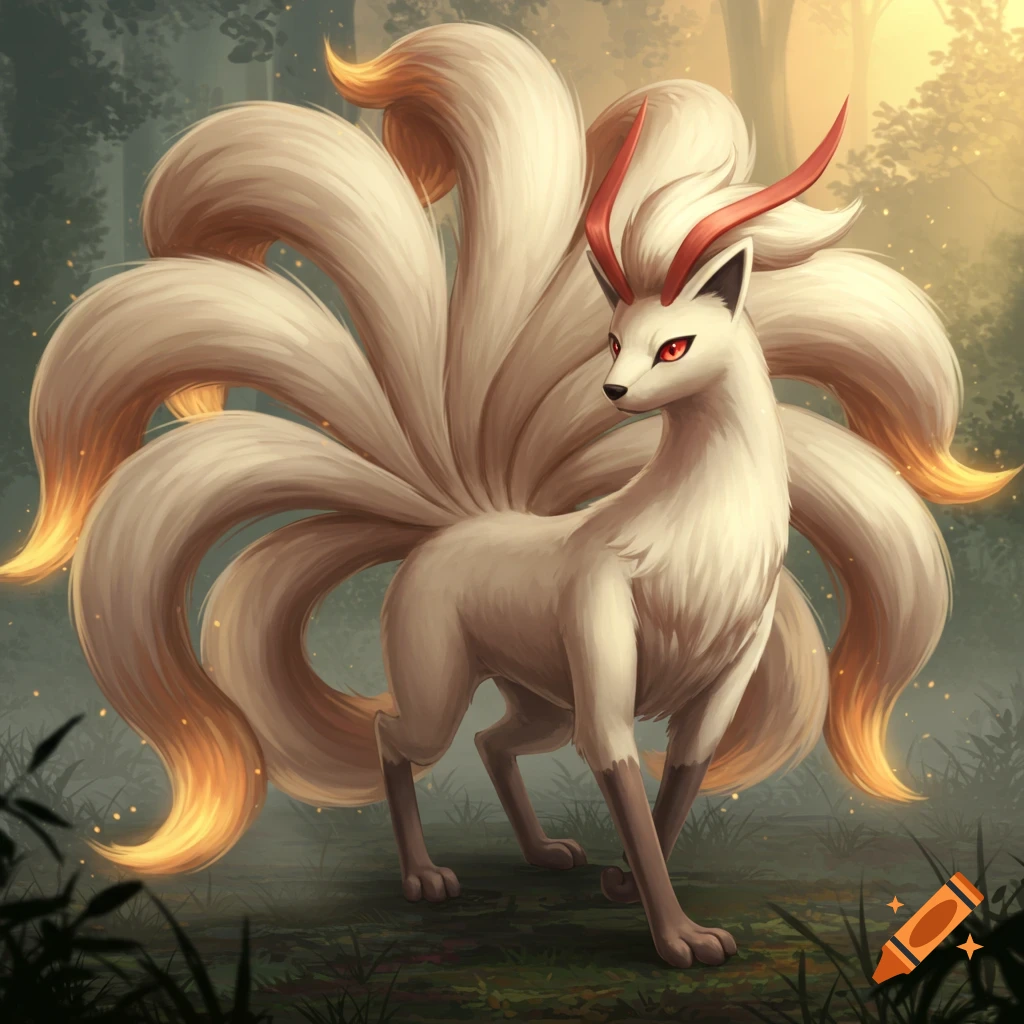 A majestic white Ninetales with glowing nine tails and red horns stands in a mystical forest.