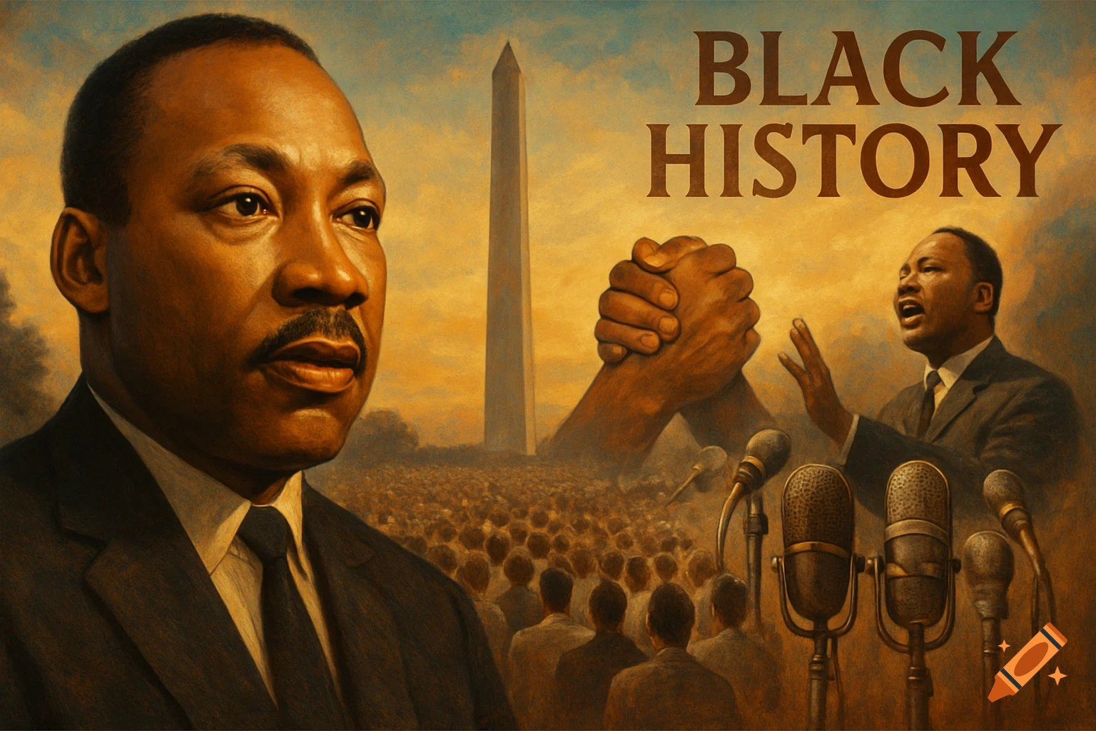 Painting of Martin Luther King Jr. with the Washington Monument, a crowd, microphones, and 'BLACK HISTORY' text.