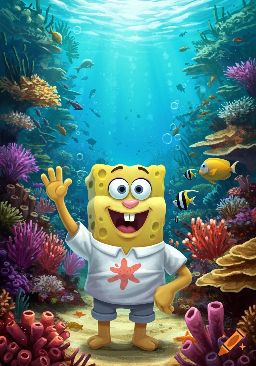 Smiling Spongebob Squarepants waves underwater, surrounded by colorful coral and fish in an animated style.