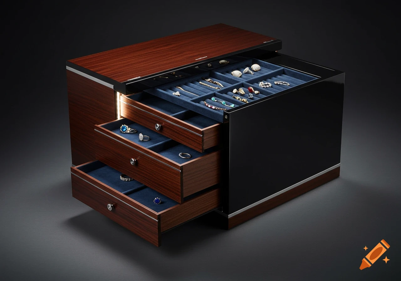 Luxurious wooden and black lacquer jewelry box open, revealing multiple drawers filled with rings, necklaces, and bracelets on blue velvet.