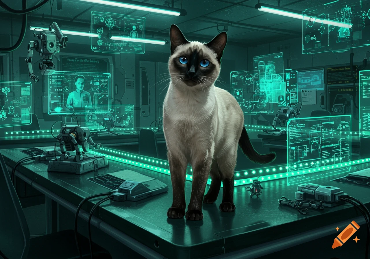 A photorealistic Siamese cat stands on a desk in a futuristic, glowing green control room surrounded by screens and small robots.