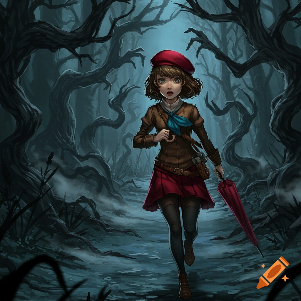 Anime illustration of a scared girl, Haru Okumura, running through a dark, gnarled forest at night, holding a red umbrella.