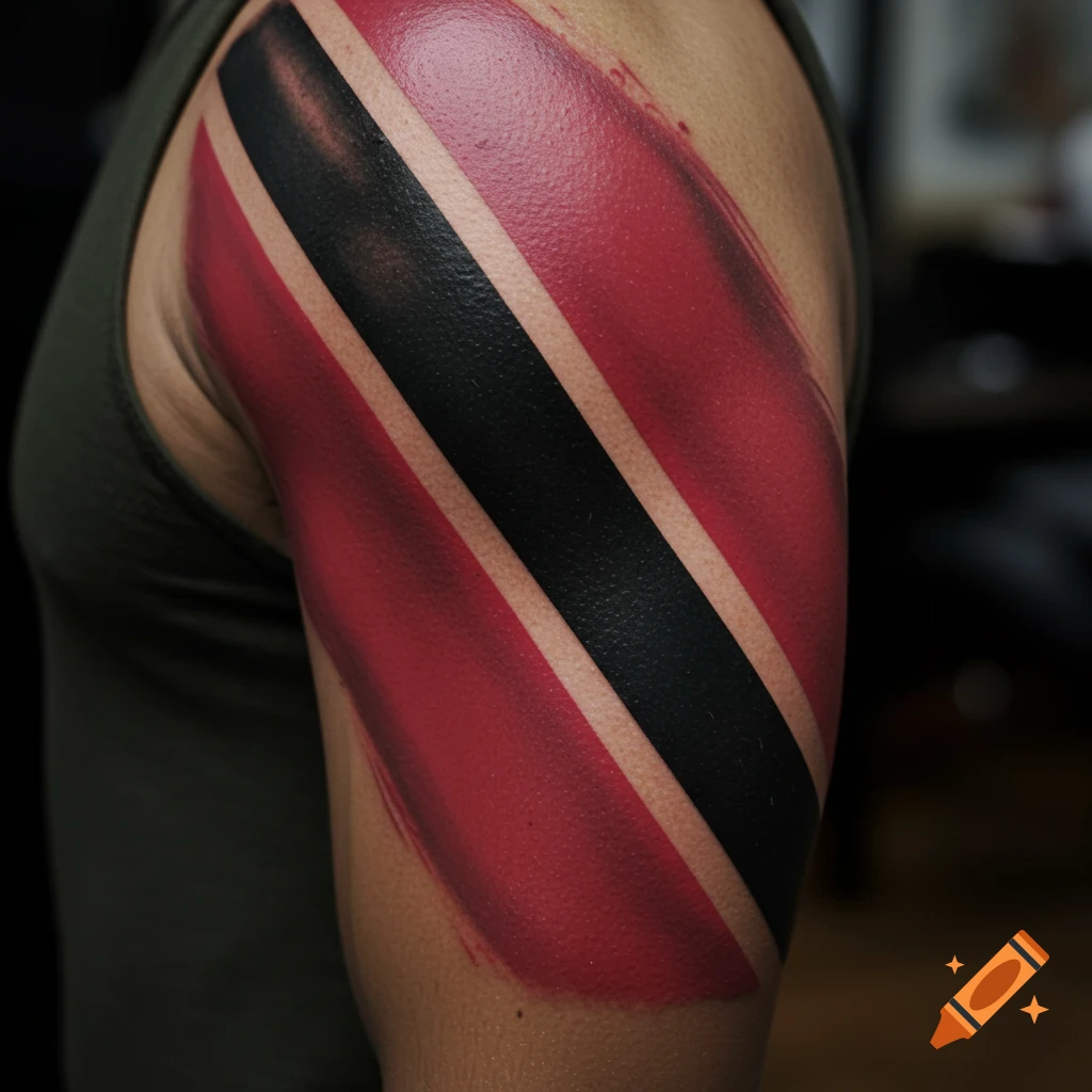 Close-up of a person's upper arm with a brushstroke style tattoo of the Trinidad and Tobago flag.