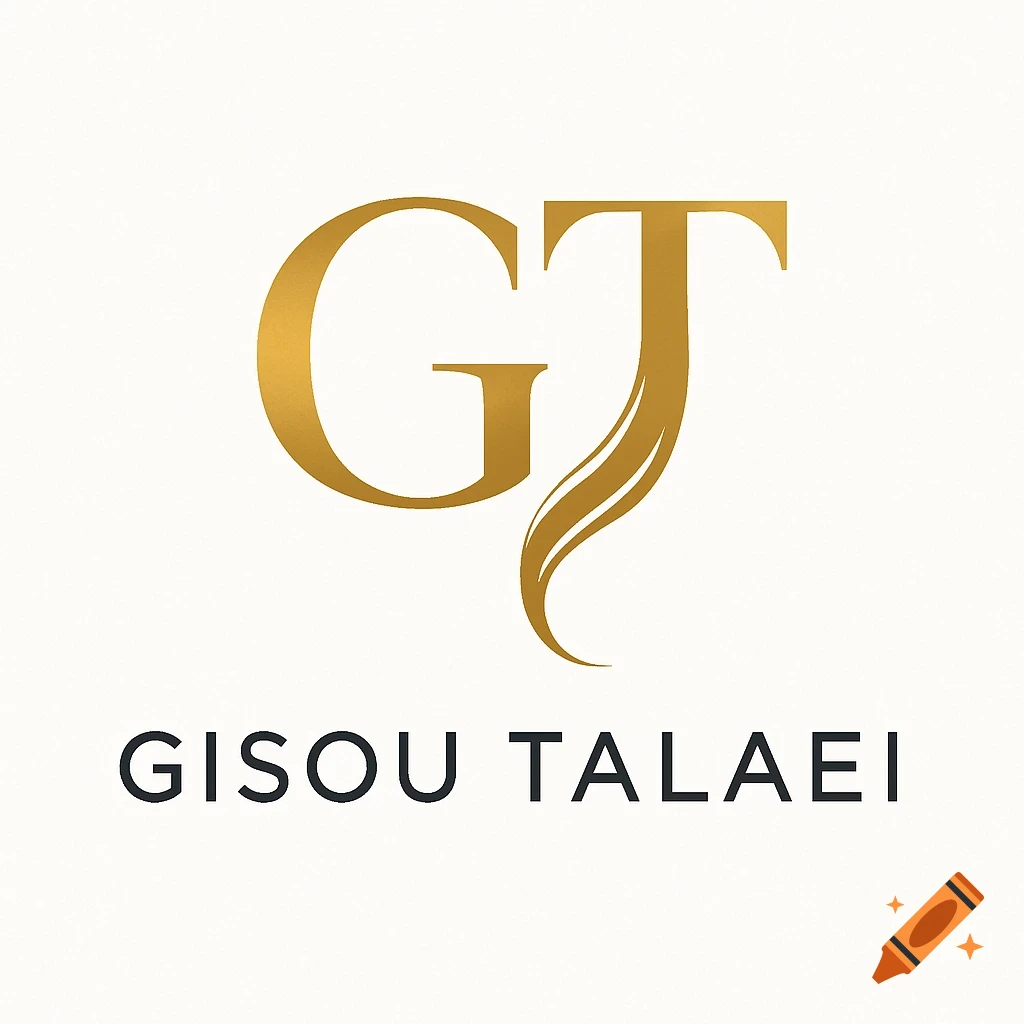 A minimalist luxury logo with intertwined gold letters 'GT' featuring a flowing hair strand detail, above the name 'GISOU TALAEI' in black text, on a white background.
