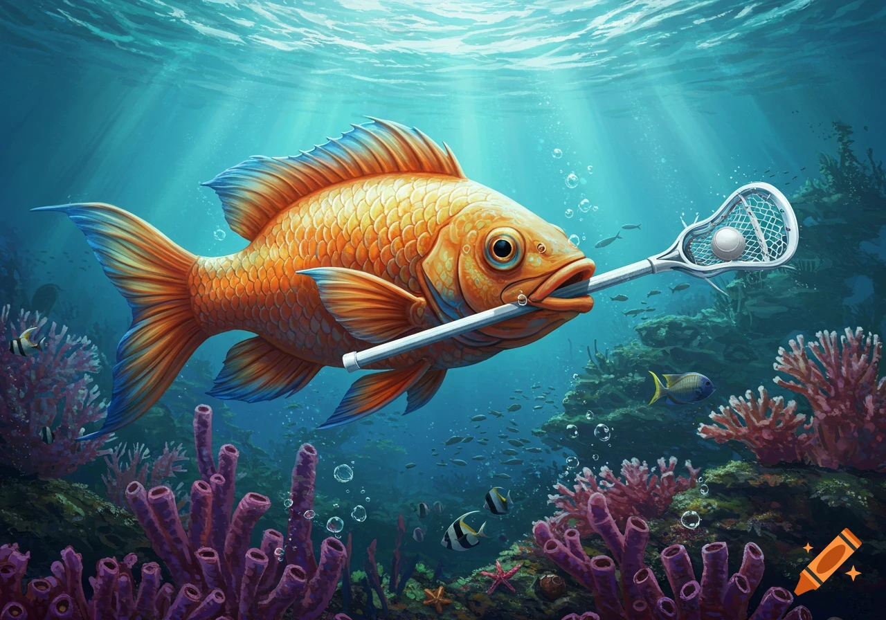 A vibrant orange and blue goldfish holds a lacrosse stick in its mouth underwater, surrounded by colorful coral and smaller fish.