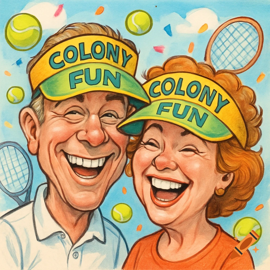 A caricature cartoon of a smiling middle-aged man and woman wearing yellow and green visors that say "COLONY FUN", with tennis balls and rackets.