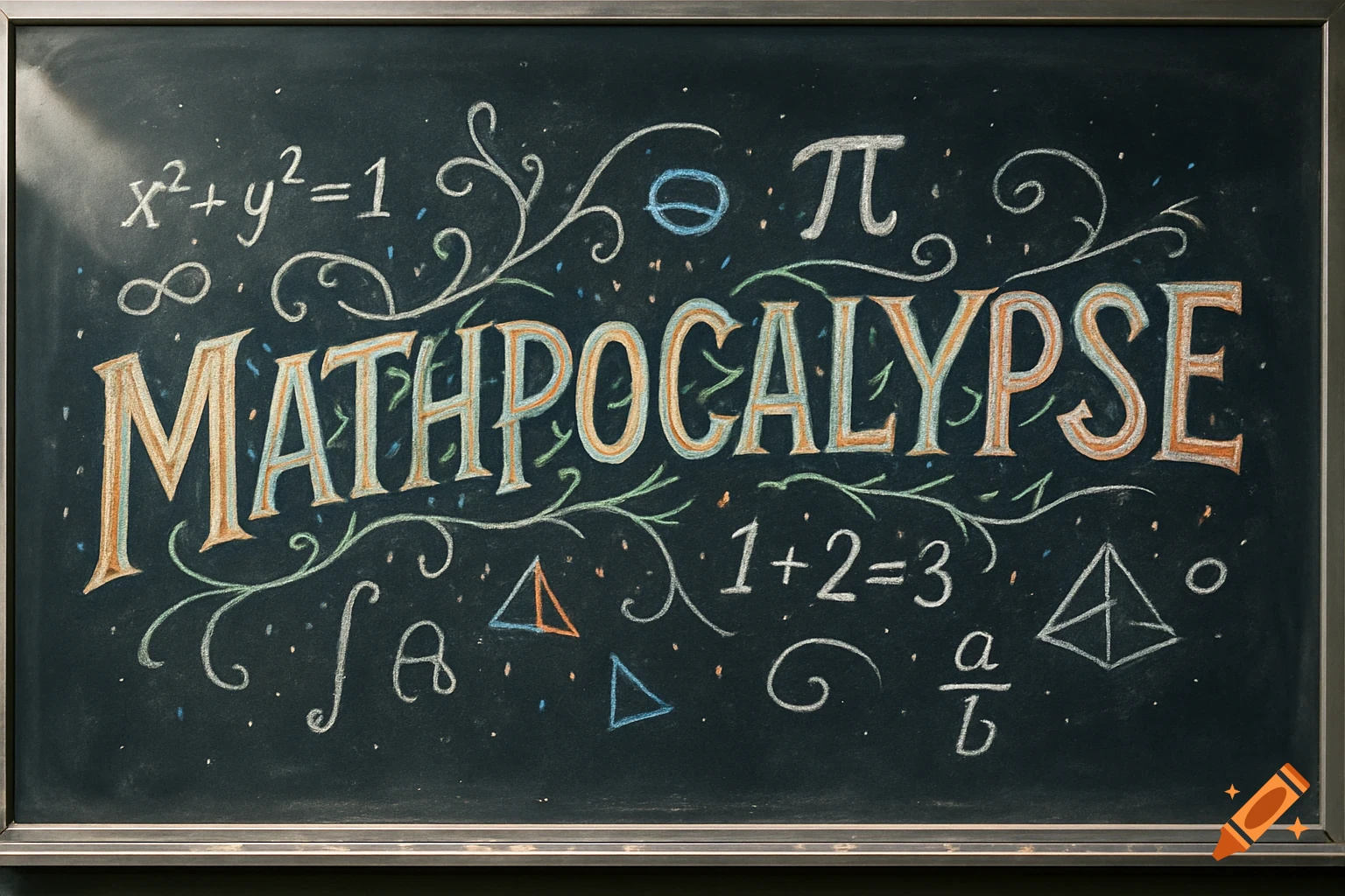 A chalkboard with 'MATHPOCALYPSE' in decorative chalk lettering, surrounded by mathematical equations and symbols.