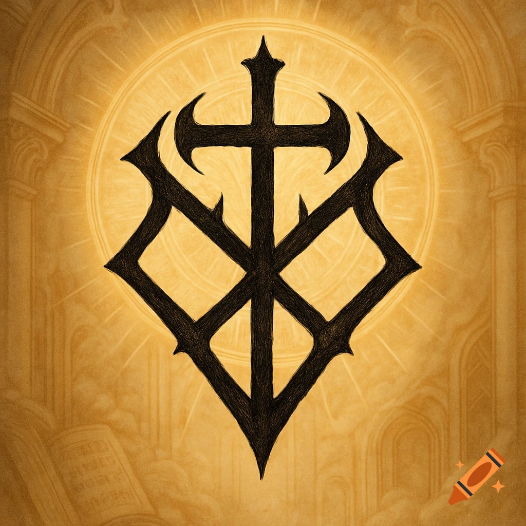 A dark, stylized thorny cross symbol with a glowing gold aura, set against a background of faint gothic architecture and open books.