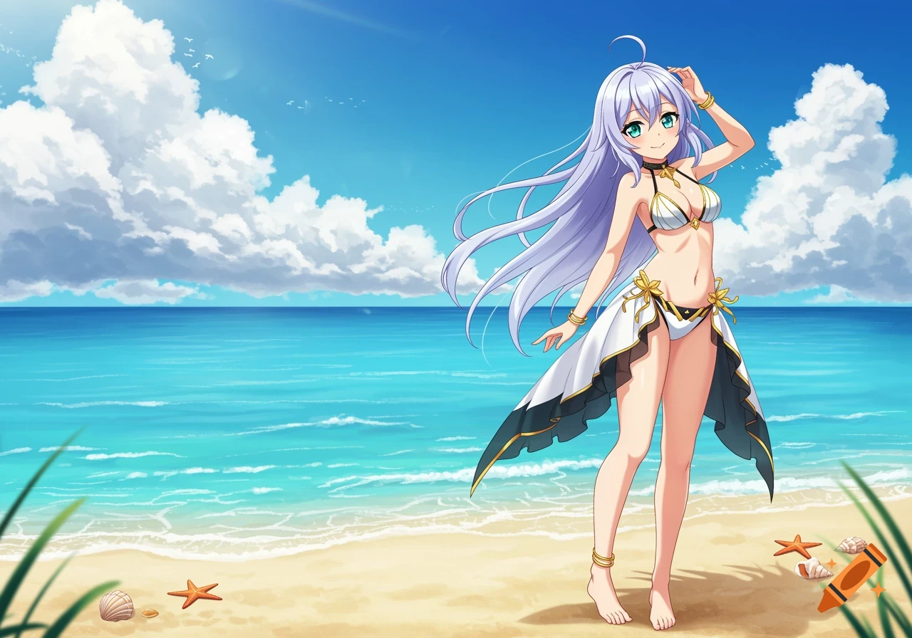 Anime girl with long purple hair wearing a white and gold bikini on a sunny beach with clear blue water.