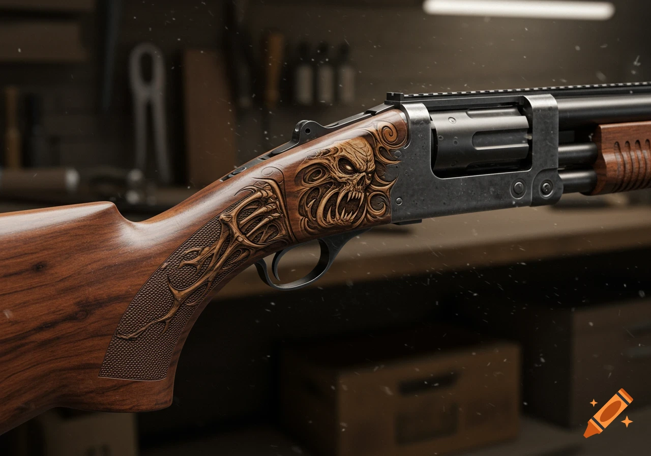 Photorealistic close-up of a customized auto shotgun with a dark wooden stock and an intricate skull engraving.