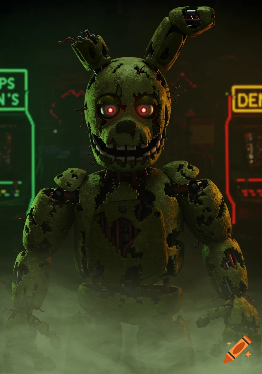 A decaying green animatronic bunny with glowing red eyes stands in a dark, smoky room with neon arcade signs.