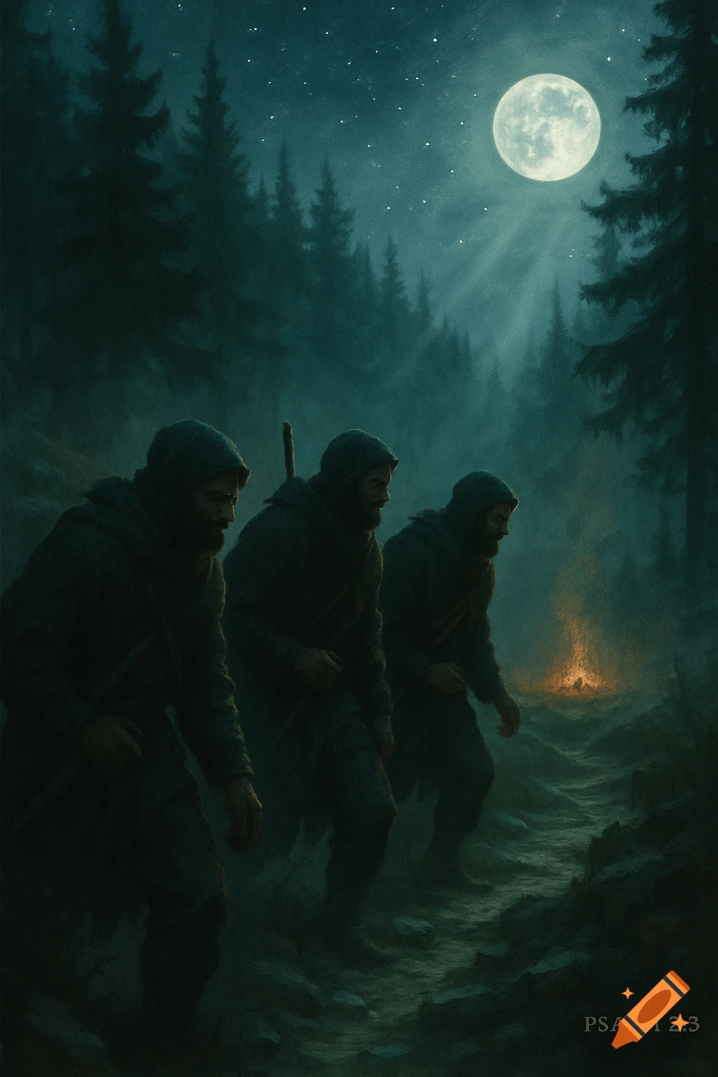 Three hooded men walk through a dark, misty forest at night under a full moon, with a distant campfire in a painterly style.