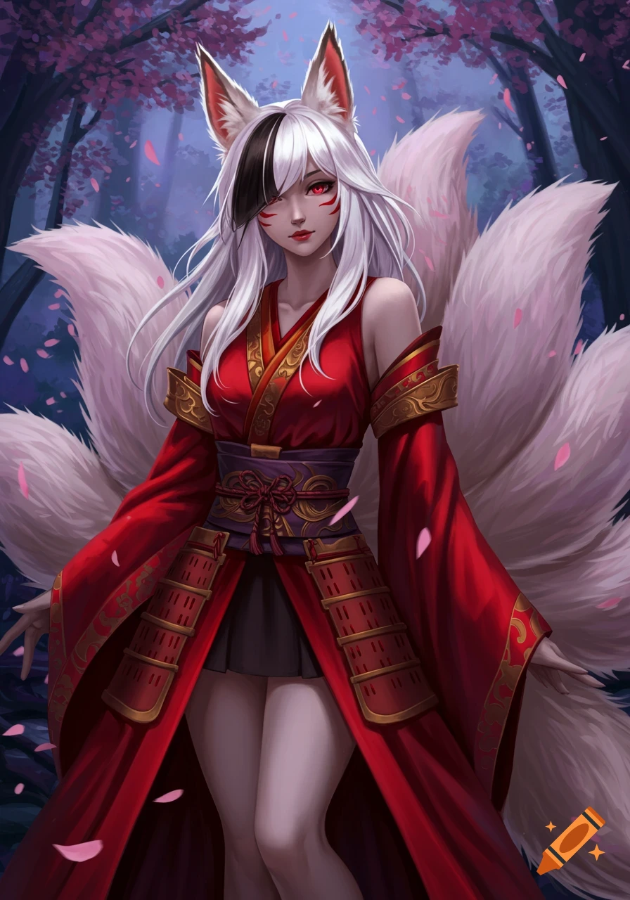 An anime-style kitsune woman with white hair, red eyes, and many white fox tails, dressed in a red kimono in a cherry blossom forest.