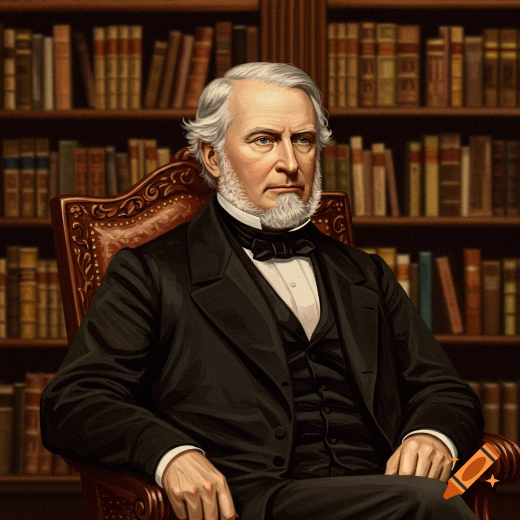 Formal portrait of a distinguished older man with white hair and a beard, sitting in a leather chair in a library.