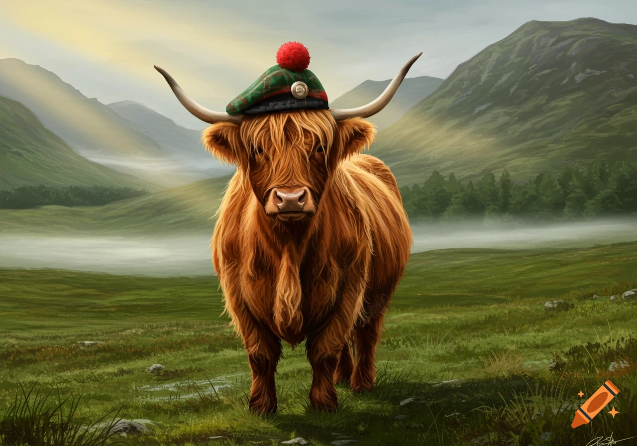 A fluffy brown Highland cow wearing a green Scottish hat stands in a misty green field with mountains in the background, digital art.