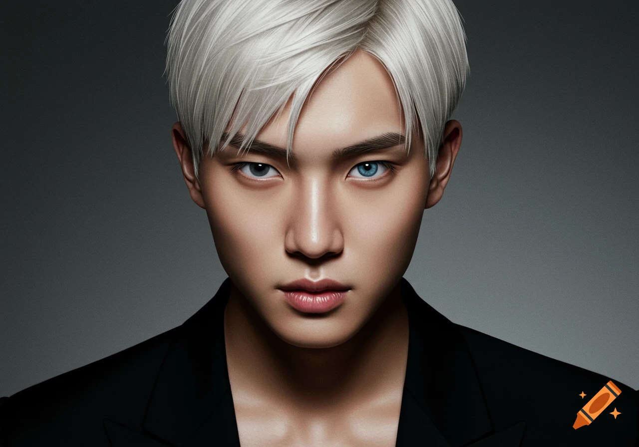 A hyperrealistic portrait of an Asian man with platinum blonde hair, a light blue right eye, a dark eye, and a black suit against a gray background.