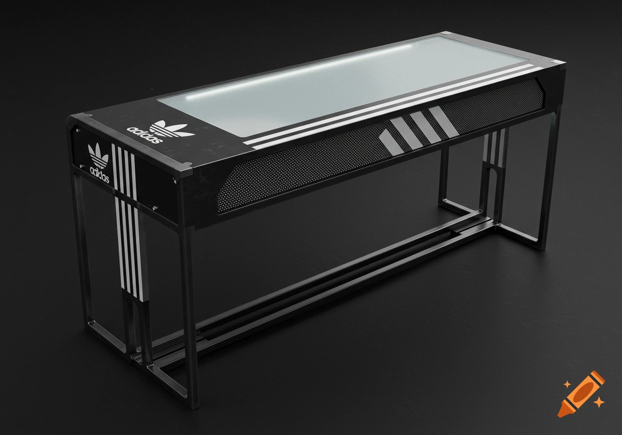 A black modern table with a glass top, featuring white Adidas logos and three stripes on the side panels and legs.