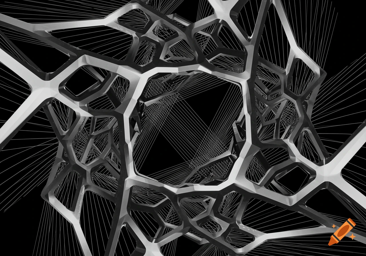 An abstract black and white image showing a complex geodesic structure of interconnected geometric shapes and straight lines.