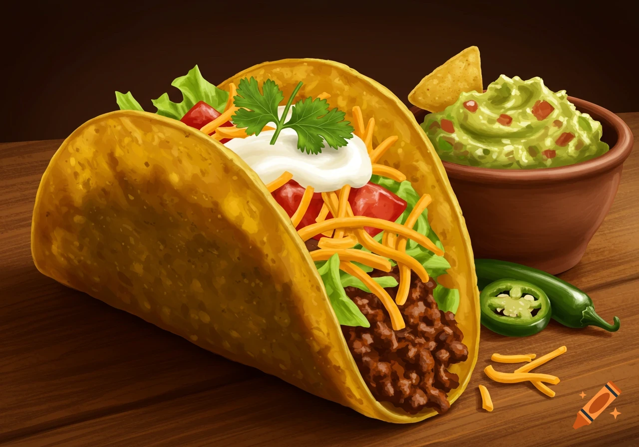 Close-up illustration of a hard-shell taco filled with meat, lettuce, cheese, and sour cream, with guacamole and a jalape A0o beside it.