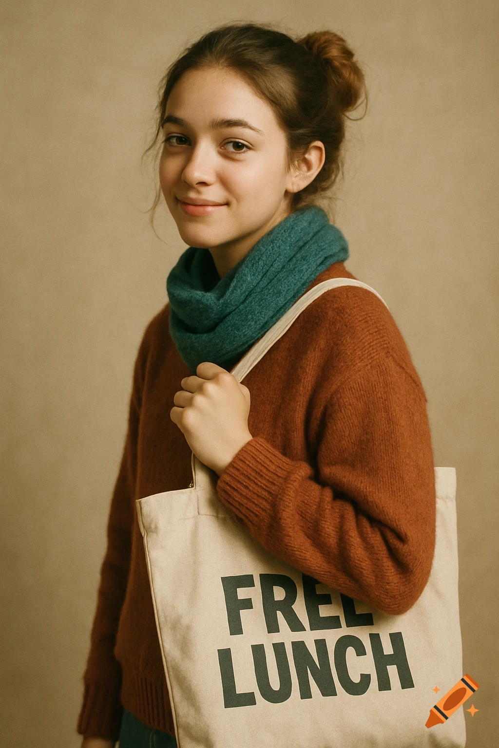 A young woman with a bun, wearing a rust sweater and teal scarf, smiles while holding a cream tote bag with "FREE LUNCH" in a soft-lit portrait.