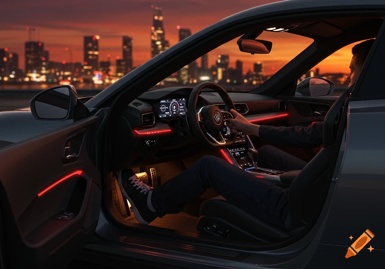 A person driving a car with red interior accent lighting at sunset, with a city skyline in the background.