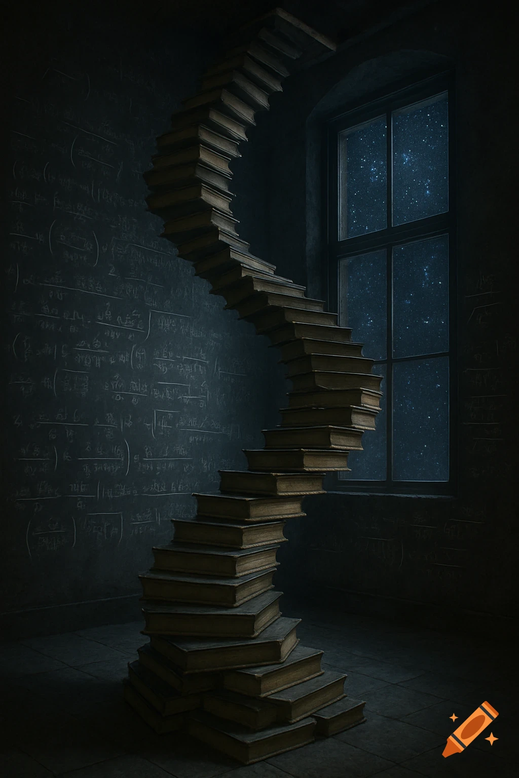A dimly lit room with a spiral staircase made of stacked books. Complex mathematical equations cover the dark walls, and a window reveals a starry night sky.