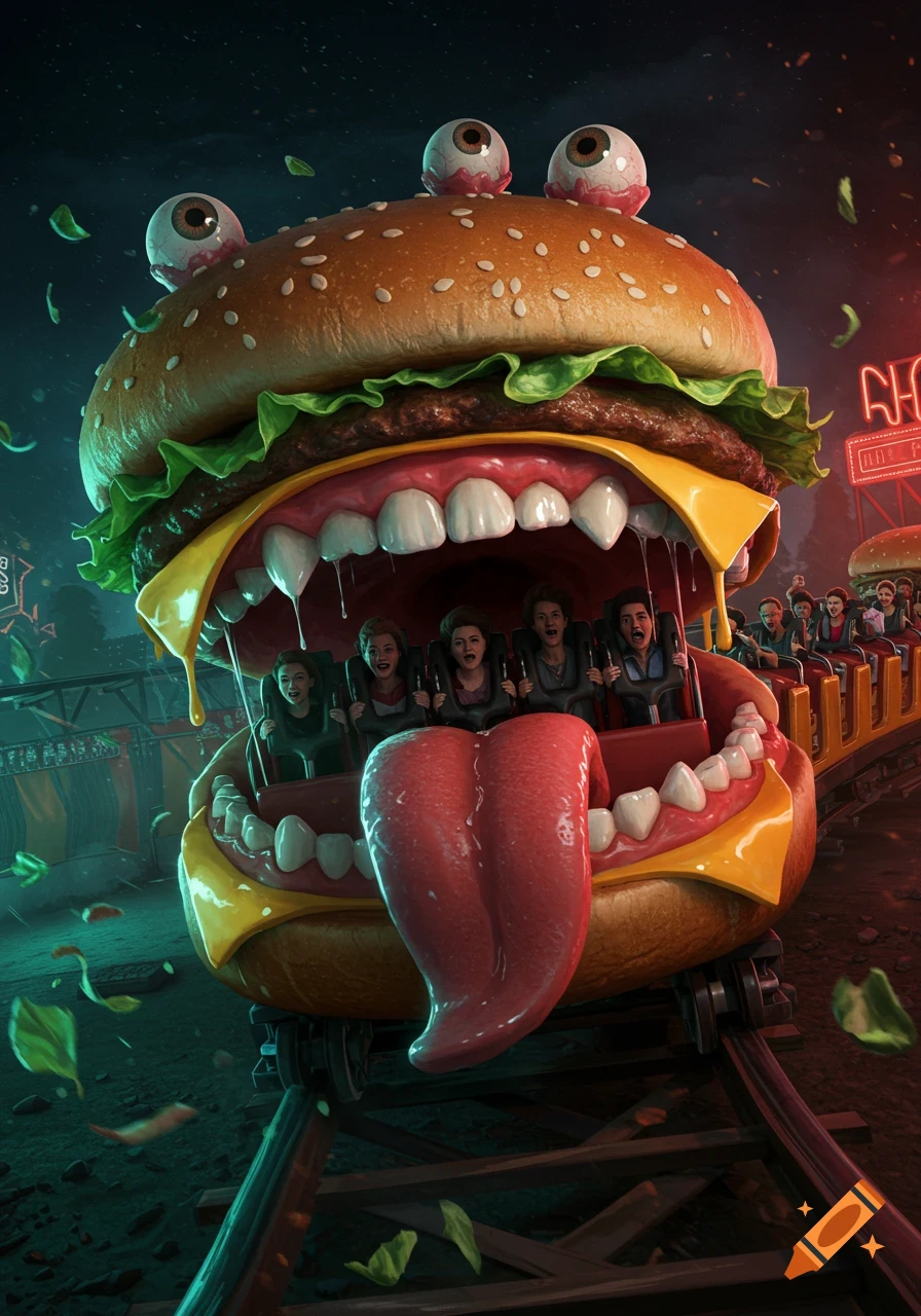 A creepy hamburger-shaped roller coaster car with large teeth, a long tongue, and eyeballs on top, carries screaming riders through a dark theme park.