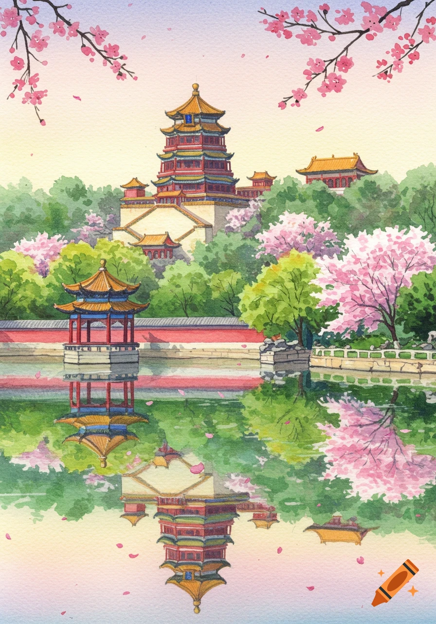 Watercolor painting of a traditional Chinese palace with tiered roofs, surrounded by lush trees and pink blossoms, reflected in a still lake.
